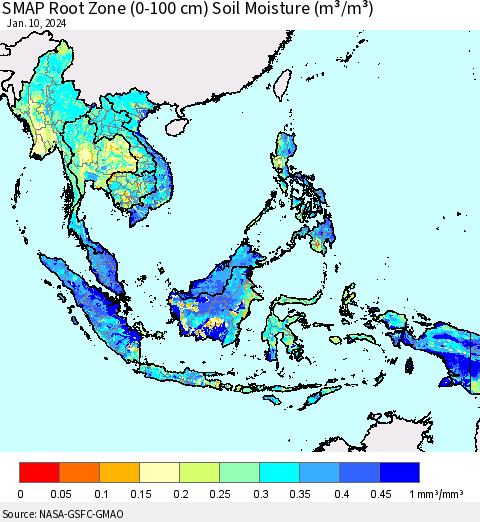 South East Asia SMAP Root Zone (0-100 cm) Soil Moisture (m³/m³) Thematic Map For 1/6/2024 - 1/10/2024