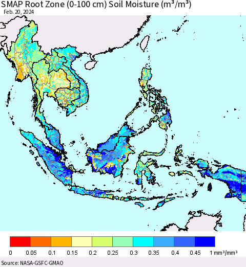 South East Asia SMAP Root Zone (0-100 cm) Soil Moisture (m³/m³) Thematic Map For 2/16/2024 - 2/20/2024