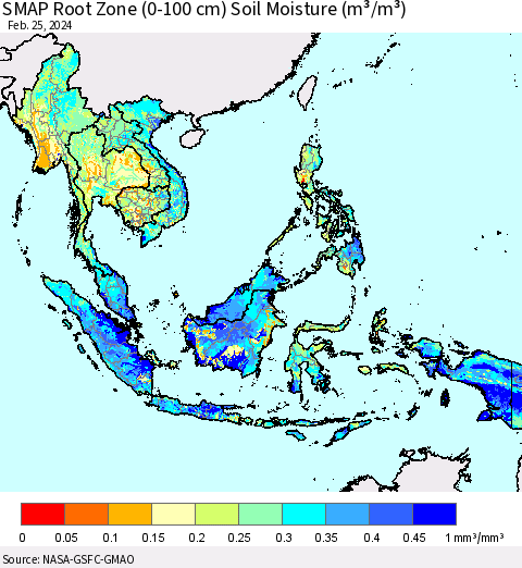 South East Asia SMAP Root Zone (0-100 cm) Soil Moisture (m³/m³) Thematic Map For 2/21/2024 - 2/25/2024