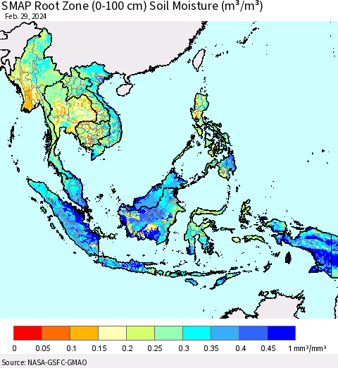 South East Asia SMAP Root Zone (0-100 cm) Soil Moisture (m³/m³) Thematic Map For 2/26/2024 - 2/29/2024