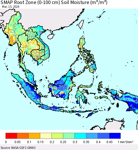 South East Asia SMAP Root Zone (0-100 cm) Soil Moisture (m³/m³) Thematic Map For 3/11/2024 - 3/15/2024