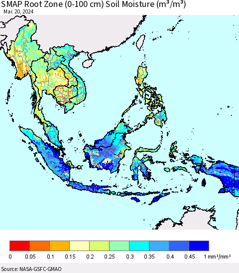 South East Asia SMAP Root Zone (0-100 cm) Soil Moisture (m³/m³) Thematic Map For 3/16/2024 - 3/20/2024