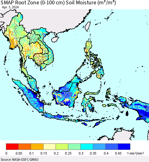 South East Asia SMAP Root Zone (0-100 cm) Soil Moisture (m³/m³) Thematic Map For 4/1/2024 - 4/5/2024