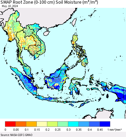 South East Asia SMAP Root Zone (0-100 cm) Soil Moisture (m³/m³) Thematic Map For 5/6/2024 - 5/10/2024