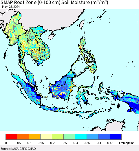 South East Asia SMAP Root Zone (0-100 cm) Soil Moisture (m³/m³) Thematic Map For 5/21/2024 - 5/25/2024