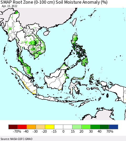 South East Asia SMAP Root Zone (0-100 cm) Soil Moisture Anomaly (%) Thematic Map For 4/11/2022 - 4/15/2022