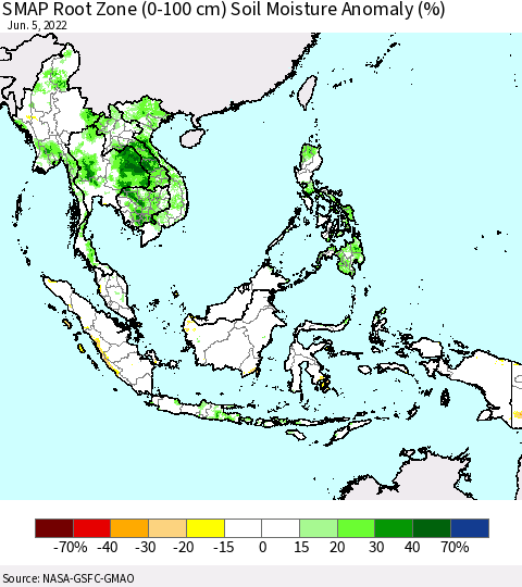 South East Asia SMAP Root Zone (0-100 cm) Soil Moisture Anomaly (%) Thematic Map For 6/1/2022 - 6/5/2022
