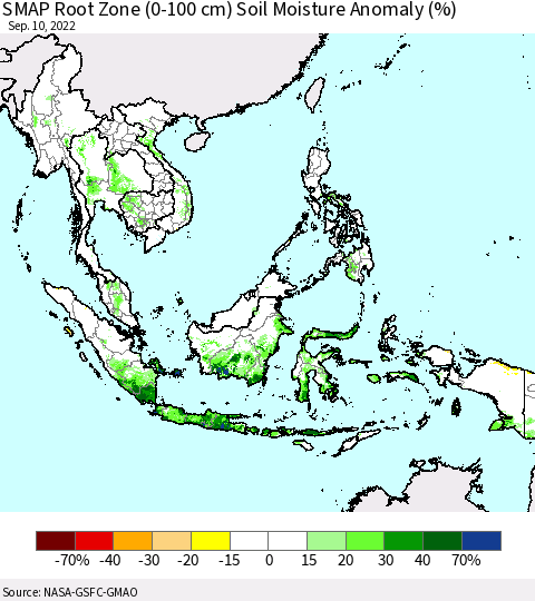 South East Asia SMAP Root Zone (0-100 cm) Soil Moisture Anomaly (%) Thematic Map For 9/6/2022 - 9/10/2022