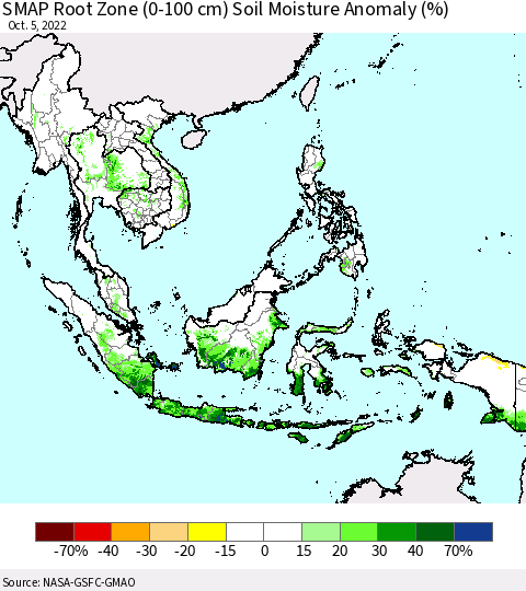 South East Asia SMAP Root Zone (0-100 cm) Soil Moisture Anomaly (%) Thematic Map For 10/1/2022 - 10/5/2022