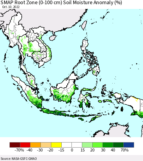 South East Asia SMAP Root Zone (0-100 cm) Soil Moisture Anomaly (%) Thematic Map For 10/6/2022 - 10/10/2022