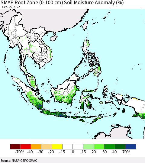 South East Asia SMAP Root Zone (0-100 cm) Soil Moisture Anomaly (%) Thematic Map For 10/21/2022 - 10/25/2022
