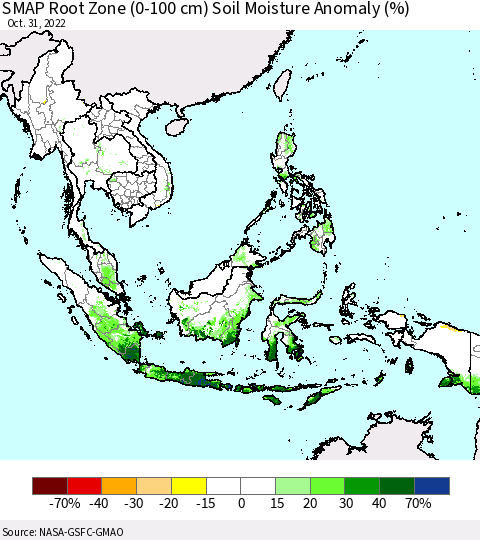 South East Asia SMAP Root Zone (0-100 cm) Soil Moisture Anomaly (%) Thematic Map For 10/26/2022 - 10/31/2022