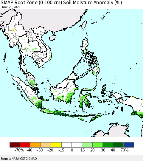 South East Asia SMAP Root Zone (0-100 cm) Soil Moisture Anomaly (%) Thematic Map For 11/16/2022 - 11/20/2022