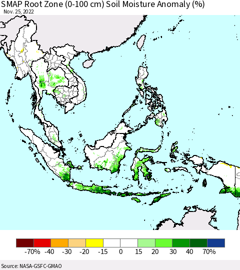 South East Asia SMAP Root Zone (0-100 cm) Soil Moisture Anomaly (%) Thematic Map For 11/21/2022 - 11/25/2022
