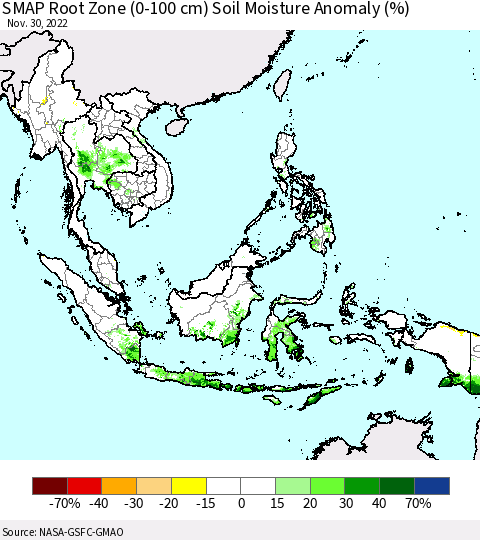 South East Asia SMAP Root Zone (0-100 cm) Soil Moisture Anomaly (%) Thematic Map For 11/26/2022 - 11/30/2022