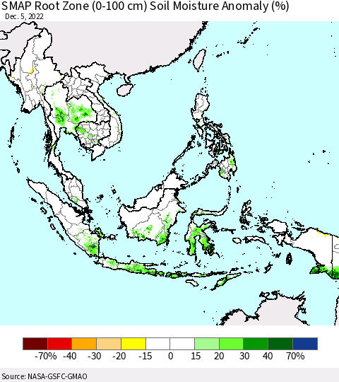 South East Asia SMAP Root Zone (0-100 cm) Soil Moisture Anomaly (%) Thematic Map For 12/1/2022 - 12/5/2022