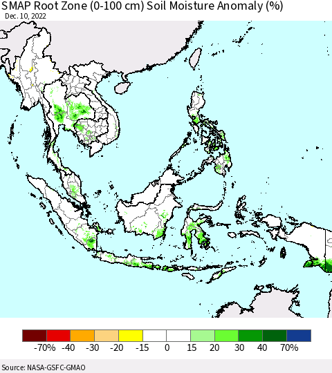 South East Asia SMAP Root Zone (0-100 cm) Soil Moisture Anomaly (%) Thematic Map For 12/6/2022 - 12/10/2022