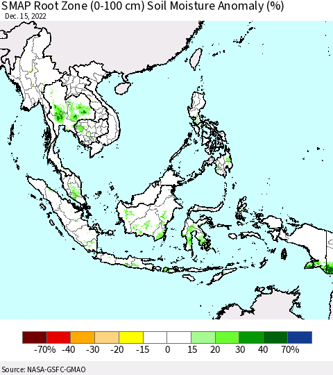 South East Asia SMAP Root Zone (0-100 cm) Soil Moisture Anomaly (%) Thematic Map For 12/11/2022 - 12/15/2022