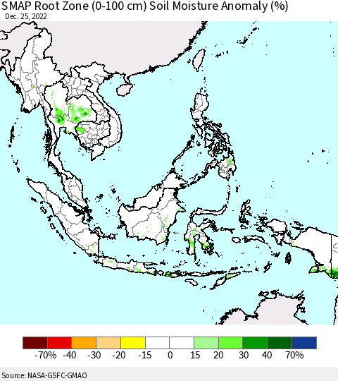South East Asia SMAP Root Zone (0-100 cm) Soil Moisture Anomaly (%) Thematic Map For 12/21/2022 - 12/25/2022