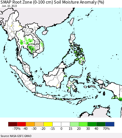 South East Asia SMAP Root Zone (0-100 cm) Soil Moisture Anomaly (%) Thematic Map For 1/6/2023 - 1/10/2023