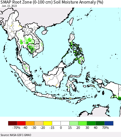 South East Asia SMAP Root Zone (0-100 cm) Soil Moisture Anomaly (%) Thematic Map For 1/11/2023 - 1/15/2023