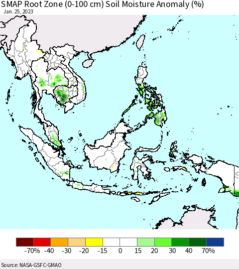 South East Asia SMAP Root Zone (0-100 cm) Soil Moisture Anomaly (%) Thematic Map For 1/21/2023 - 1/25/2023