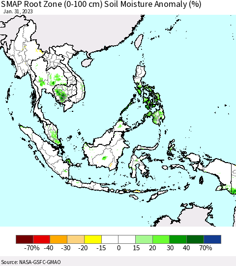 South East Asia SMAP Root Zone (0-100 cm) Soil Moisture Anomaly (%) Thematic Map For 1/26/2023 - 1/31/2023