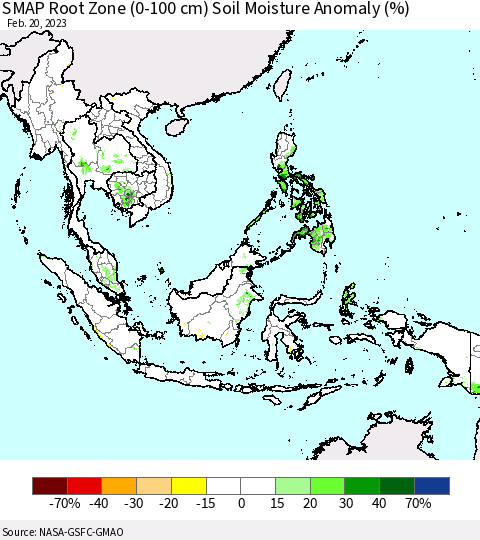 South East Asia SMAP Root Zone (0-100 cm) Soil Moisture Anomaly (%) Thematic Map For 2/16/2023 - 2/20/2023