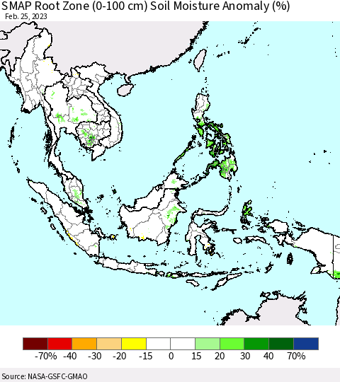 South East Asia SMAP Root Zone (0-100 cm) Soil Moisture Anomaly (%) Thematic Map For 2/21/2023 - 2/25/2023