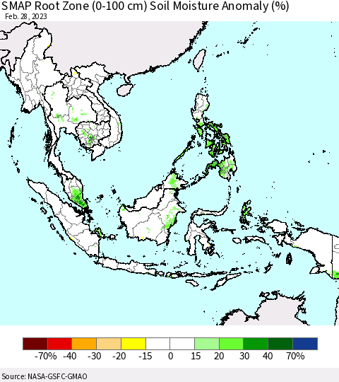 South East Asia SMAP Root Zone (0-100 cm) Soil Moisture Anomaly (%) Thematic Map For 2/26/2023 - 2/28/2023