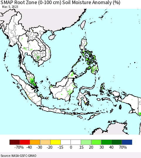 South East Asia SMAP Root Zone (0-100 cm) Soil Moisture Anomaly (%) Thematic Map For 3/1/2023 - 3/5/2023
