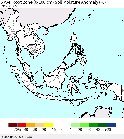 South East Asia SMAP Root Zone (0-100 cm) Soil Moisture Anomaly (%) Thematic Map For 3/6/2023 - 3/10/2023