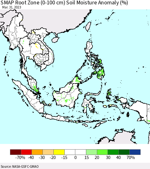 South East Asia SMAP Root Zone (0-100 cm) Soil Moisture Anomaly (%) Thematic Map For 3/26/2023 - 3/31/2023