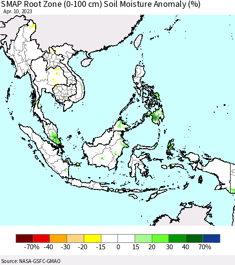 South East Asia SMAP Root Zone (0-100 cm) Soil Moisture Anomaly (%) Thematic Map For 4/6/2023 - 4/10/2023