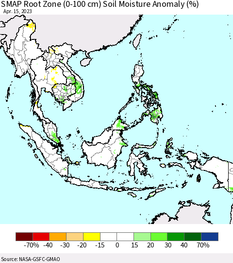 South East Asia SMAP Root Zone (0-100 cm) Soil Moisture Anomaly (%) Thematic Map For 4/11/2023 - 4/15/2023