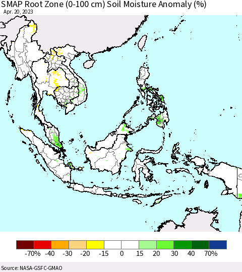 South East Asia SMAP Root Zone (0-100 cm) Soil Moisture Anomaly (%) Thematic Map For 4/16/2023 - 4/20/2023