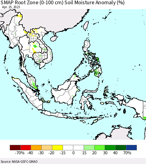 South East Asia SMAP Root Zone (0-100 cm) Soil Moisture Anomaly (%) Thematic Map For 4/21/2023 - 4/25/2023