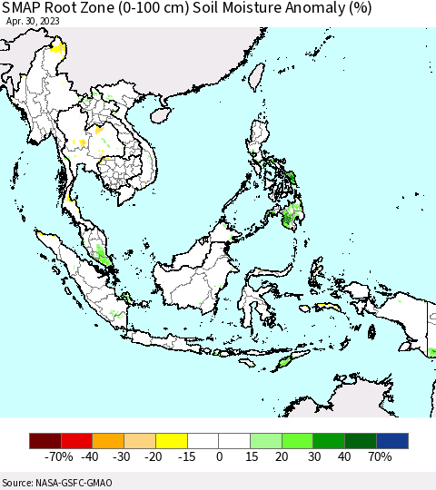 South East Asia SMAP Root Zone (0-100 cm) Soil Moisture Anomaly (%) Thematic Map For 4/26/2023 - 4/30/2023