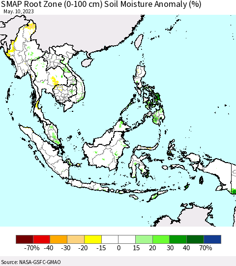 South East Asia SMAP Root Zone (0-100 cm) Soil Moisture Anomaly (%) Thematic Map For 5/6/2023 - 5/10/2023