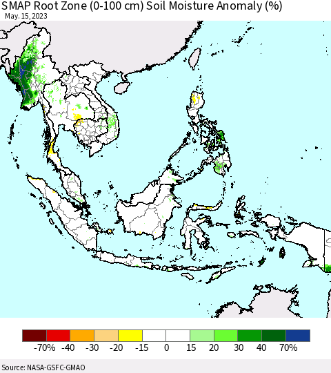 South East Asia SMAP Root Zone (0-100 cm) Soil Moisture Anomaly (%) Thematic Map For 5/11/2023 - 5/15/2023