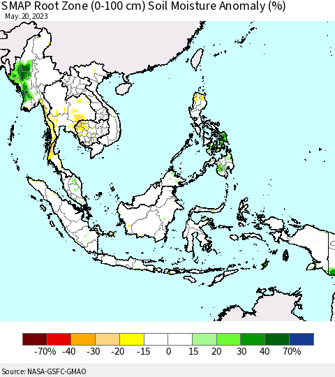 South East Asia SMAP Root Zone (0-100 cm) Soil Moisture Anomaly (%) Thematic Map For 5/16/2023 - 5/20/2023