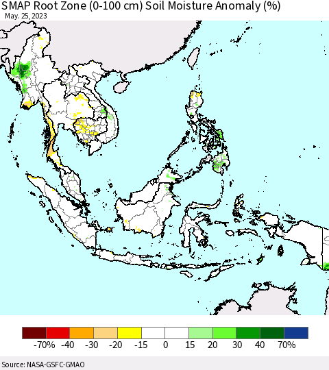 South East Asia SMAP Root Zone (0-100 cm) Soil Moisture Anomaly (%) Thematic Map For 5/21/2023 - 5/25/2023