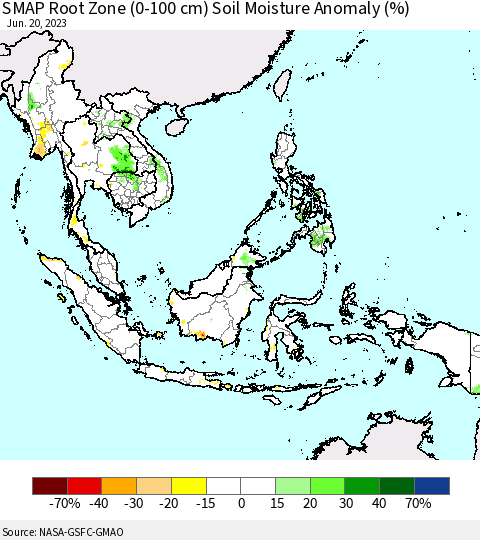 South East Asia SMAP Root Zone (0-100 cm) Soil Moisture Anomaly (%) Thematic Map For 6/16/2023 - 6/20/2023