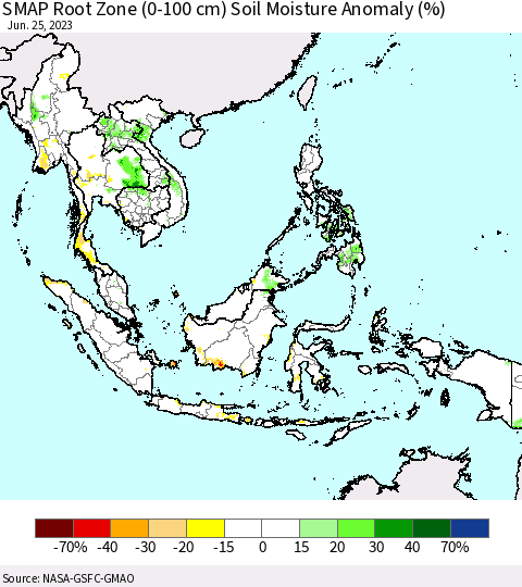 South East Asia SMAP Root Zone (0-100 cm) Soil Moisture Anomaly (%) Thematic Map For 6/21/2023 - 6/25/2023