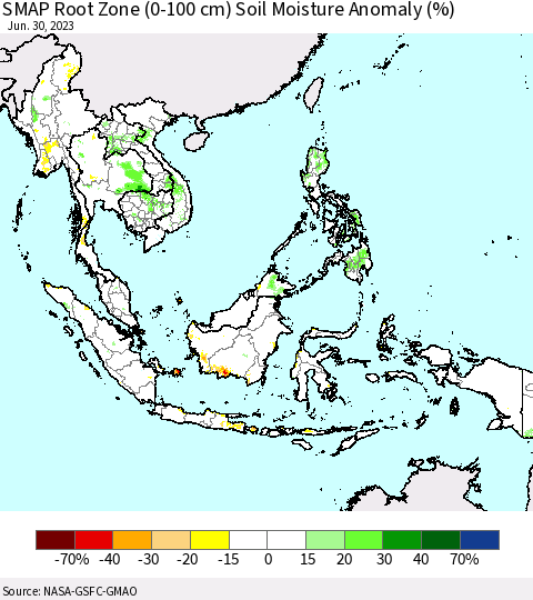 South East Asia SMAP Root Zone (0-100 cm) Soil Moisture Anomaly (%) Thematic Map For 6/26/2023 - 6/30/2023