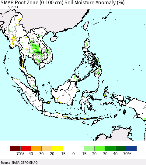 South East Asia SMAP Root Zone (0-100 cm) Soil Moisture Anomaly (%) Thematic Map For 7/1/2023 - 7/5/2023
