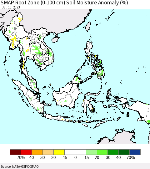 South East Asia SMAP Root Zone (0-100 cm) Soil Moisture Anomaly (%) Thematic Map For 7/6/2023 - 7/10/2023