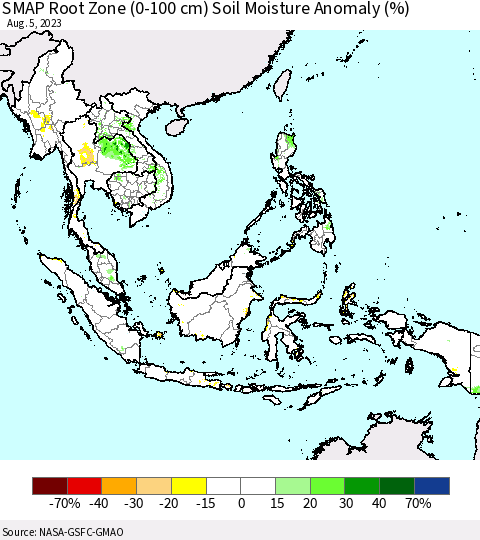 South East Asia SMAP Root Zone (0-100 cm) Soil Moisture Anomaly (%) Thematic Map For 8/1/2023 - 8/5/2023