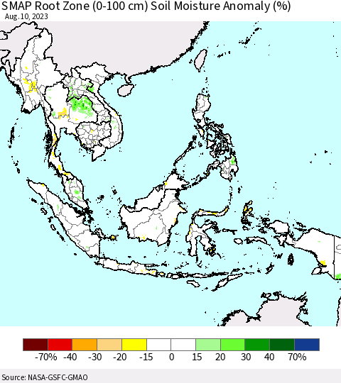 South East Asia SMAP Root Zone (0-100 cm) Soil Moisture Anomaly (%) Thematic Map For 8/6/2023 - 8/10/2023