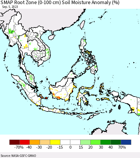 South East Asia SMAP Root Zone (0-100 cm) Soil Moisture Anomaly (%) Thematic Map For 9/1/2023 - 9/5/2023